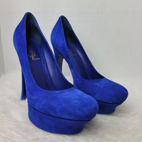Yves Saint Laurent "Palais" Blue Suede Platform Pump Heel Shoes Size 7.5 - Picture 1 of 9